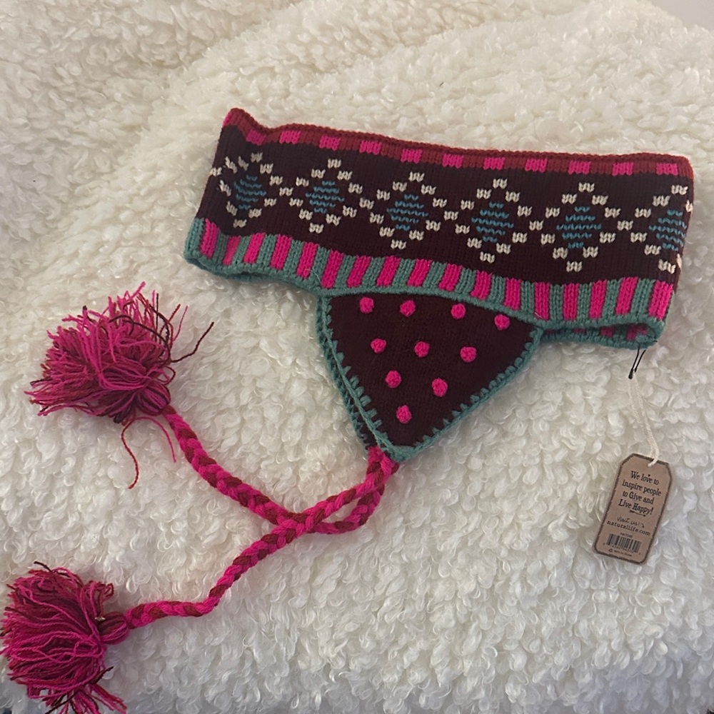 NWT NATURAL LIFE Pink and Brown Knit Headband with Tassels